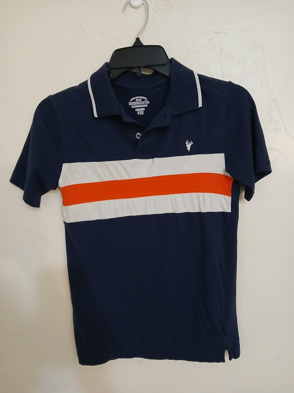 Roebuck & Co. Boy's Navy Polo Shirt White and Orange Stripes S(8)